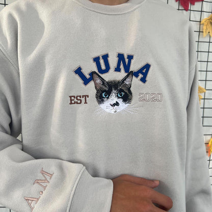 Personalized Cat portrait embroidered hoodie featuring a custom pet design