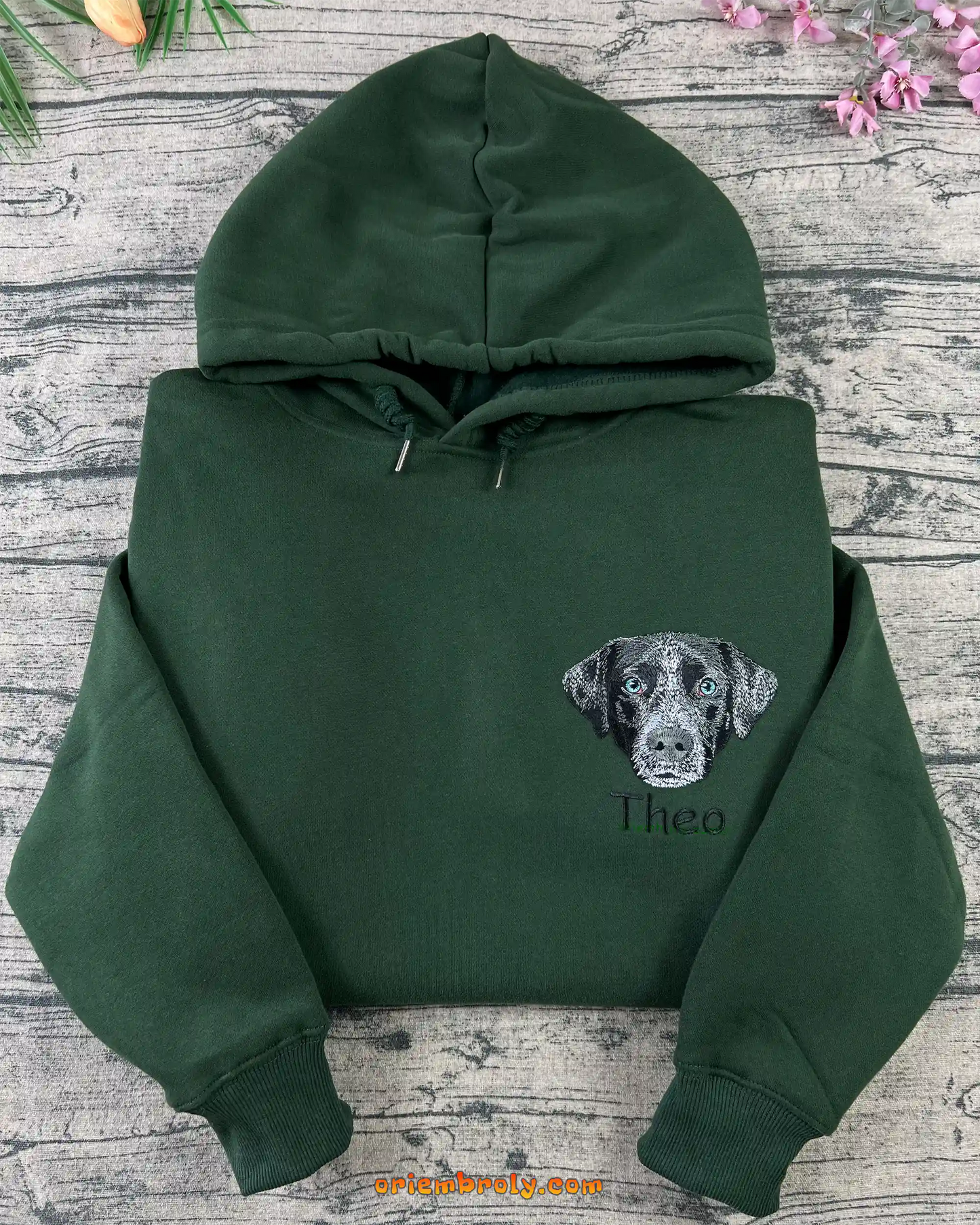 Custom dog portrait hoodie with Theo name embroidery