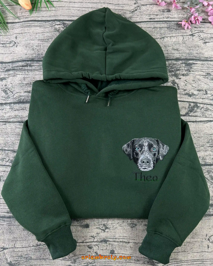 Custom dog portrait hoodie with Theo name embroidery