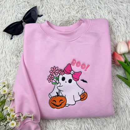 Custom Embroidered Pink Ghost Halloween Hoodie and Sweatshirt - Cute Halloween Ghost Shirt for Women