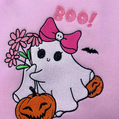 Custom Embroidered Pink Ghost Halloween Hoodie and Sweatshirt - Cute Halloween Ghost Shirt for Women