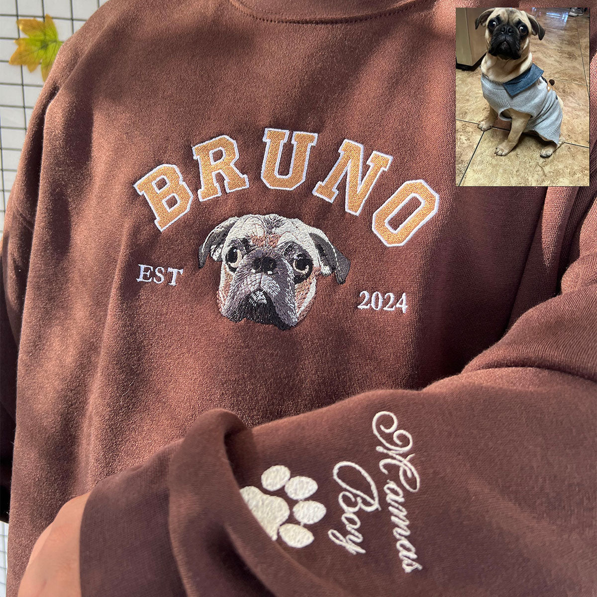 Custom Embroidered Sweatshirt/Hoodie/T-shirt with "Bruno" Pet Portrait