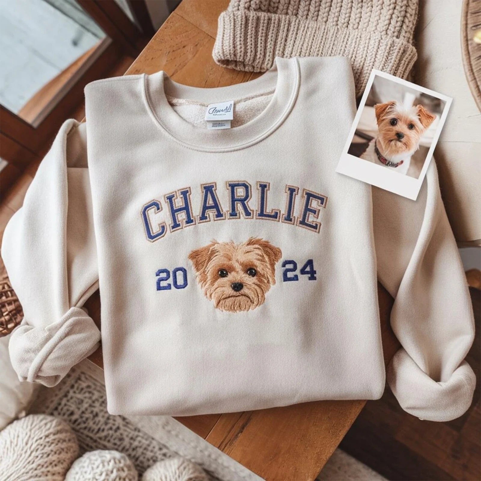 Custom embroidered dog sweater with personalized pet design