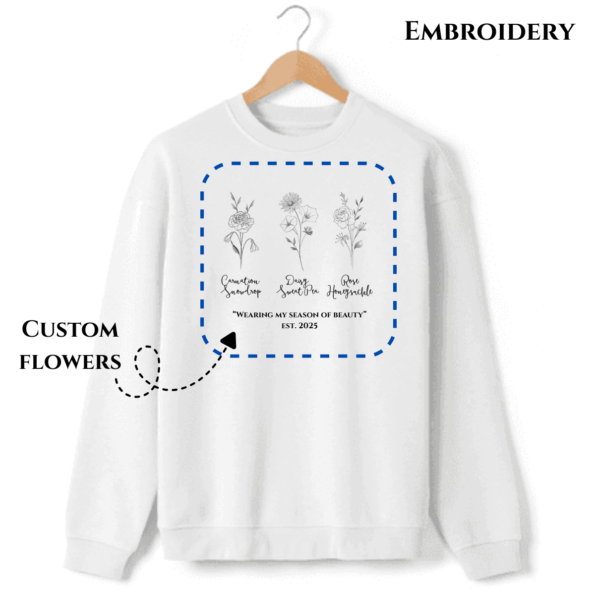Custom flower embroidery design on a stylish sweatshirt & hoodie