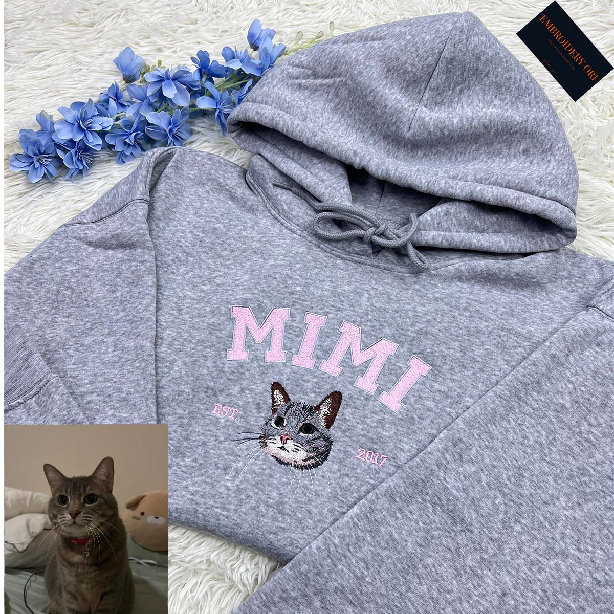 Minimalist custom embroidered cat portrait hoodie – Personalized pet gift