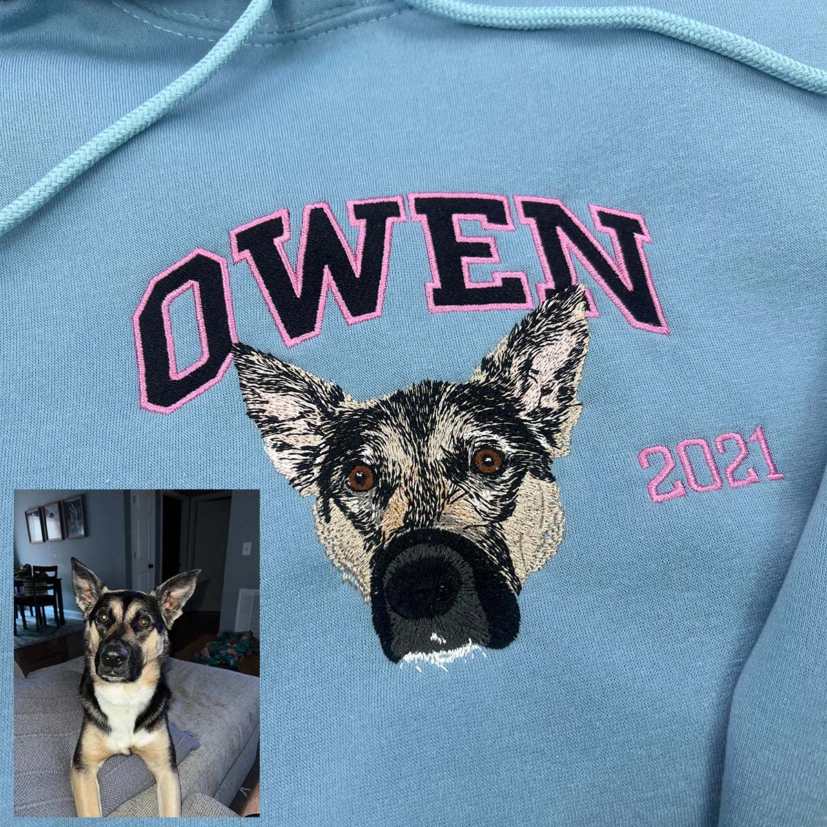 Custom Embroidered Sweatshirt/Hoodie/T-shirt with "Owen" Pet Portrait