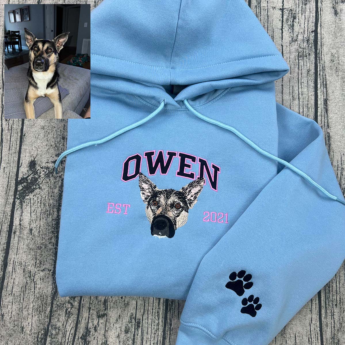 Custom Embroidered Sweatshirt/Hoodie/T-shirt with "Owen" Pet Portrait