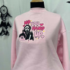 Custom embroidered pink hoodie with Scream Ghostface design and 'No You Hang Up' text
