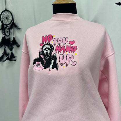 Custom embroidered pink hoodie with Scream Ghostface design and 'No You Hang Up' text