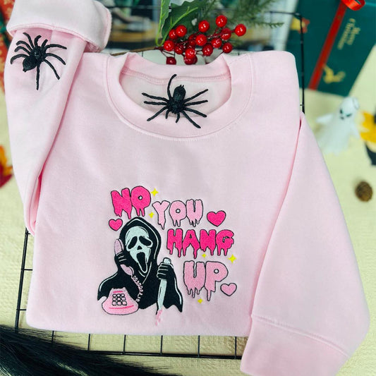 Custom embroidered pink hoodie with Scream Ghostface design and 'No You Hang Up' text