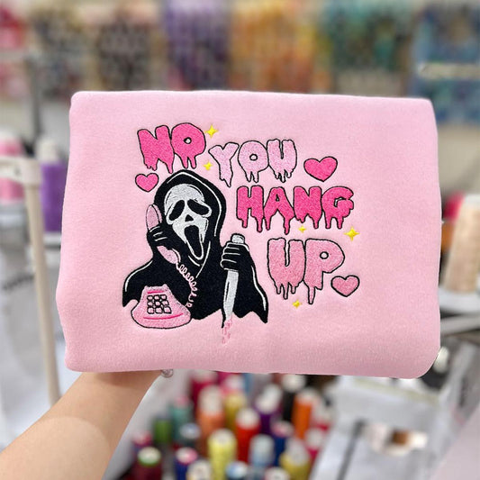 Custom embroidered pink hoodie with Scream Ghostface design and 'No You Hang Up' text