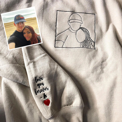 Custom embroidered sweatshirt with personalized outline photo, perfect for pet lovers and unique gifts.