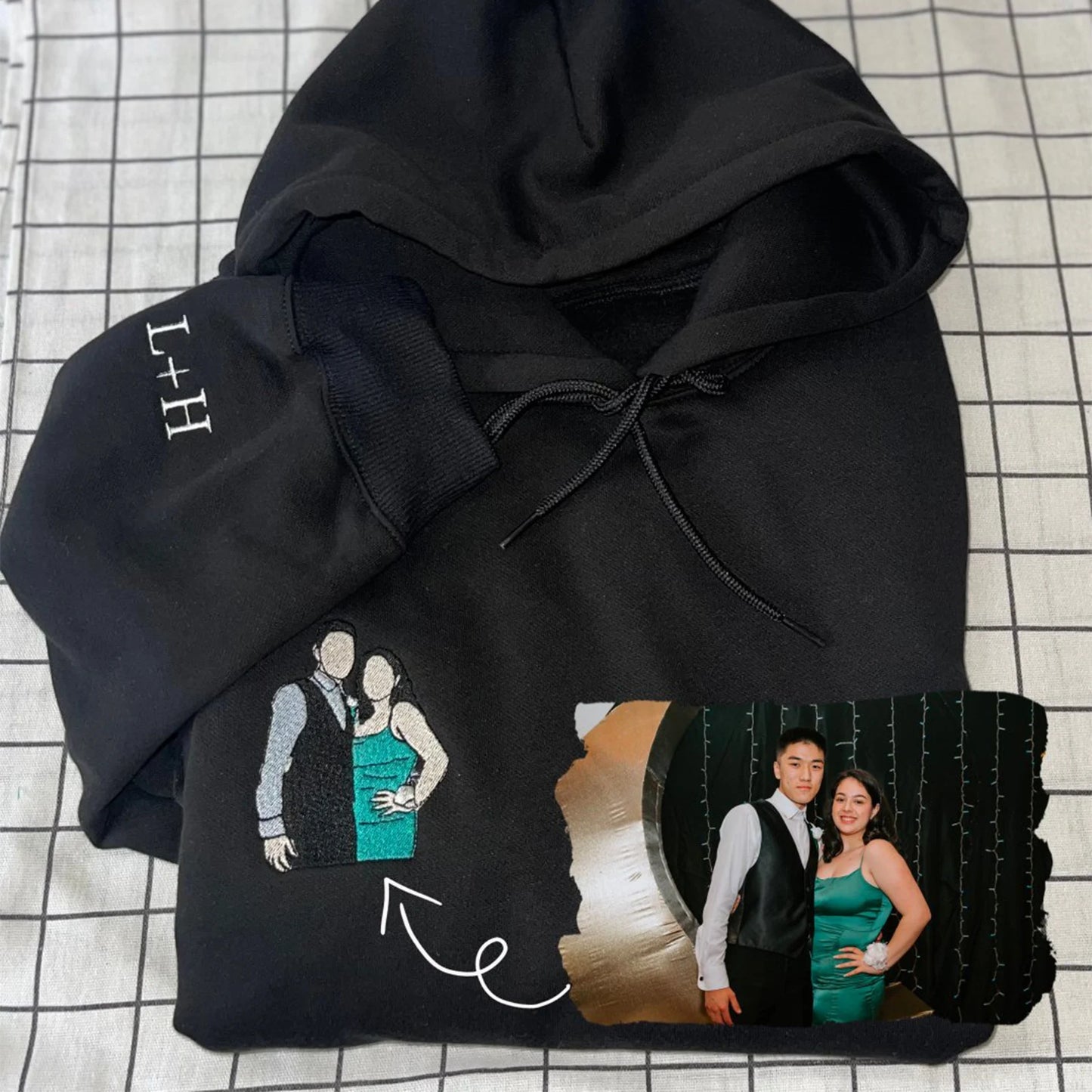 Custom embroidered sweatshirt with portrait from photo, perfect for couple hoodie and wedding anniversary gift.