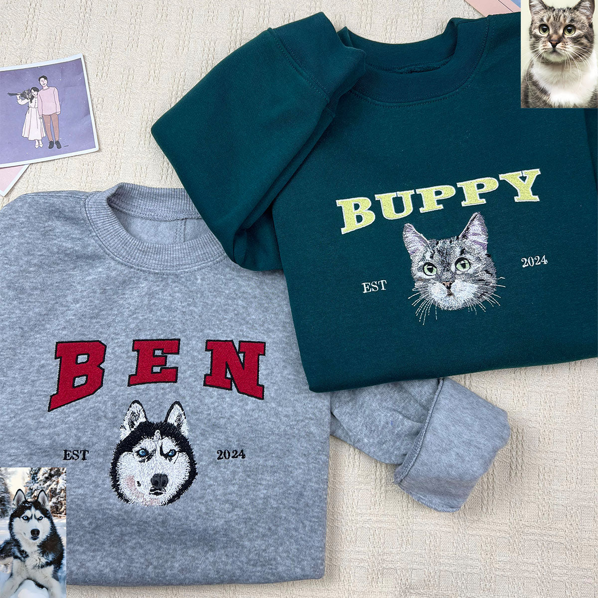 Custom embroidered sweatshirts featuring personalized pet designs with names Ben (Husky) and Buppy (Cat), perfect for 2024 gifts.