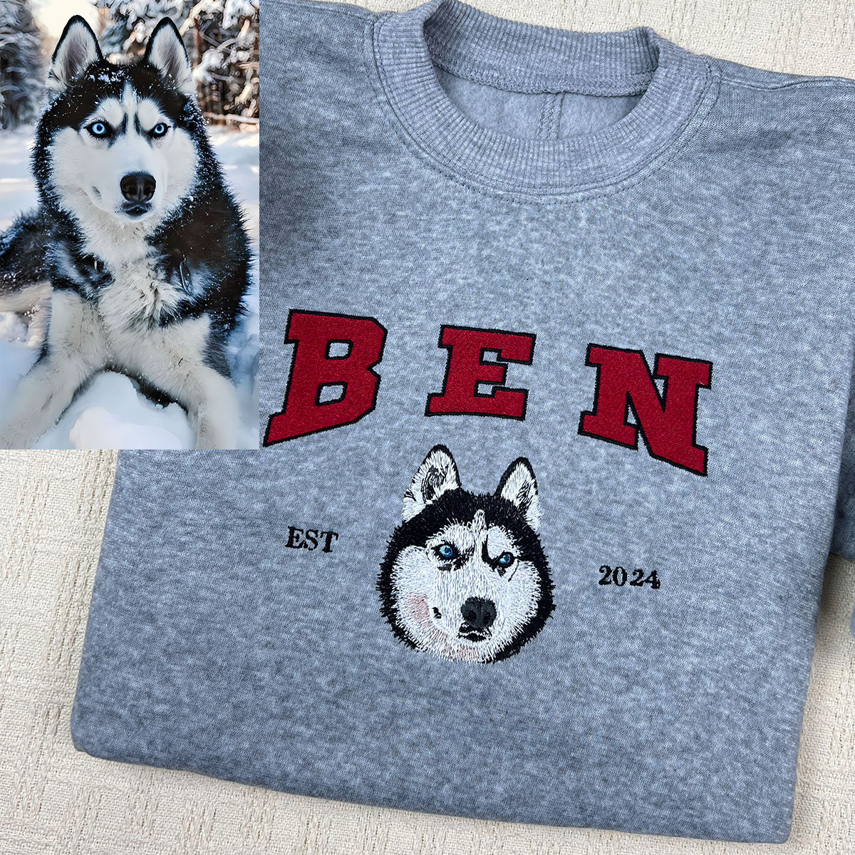 Custom embroidered sweatshirts featuring personalized pet designs with names Ben (Husky) and Buppy (Cat), perfect for 2024 gifts.