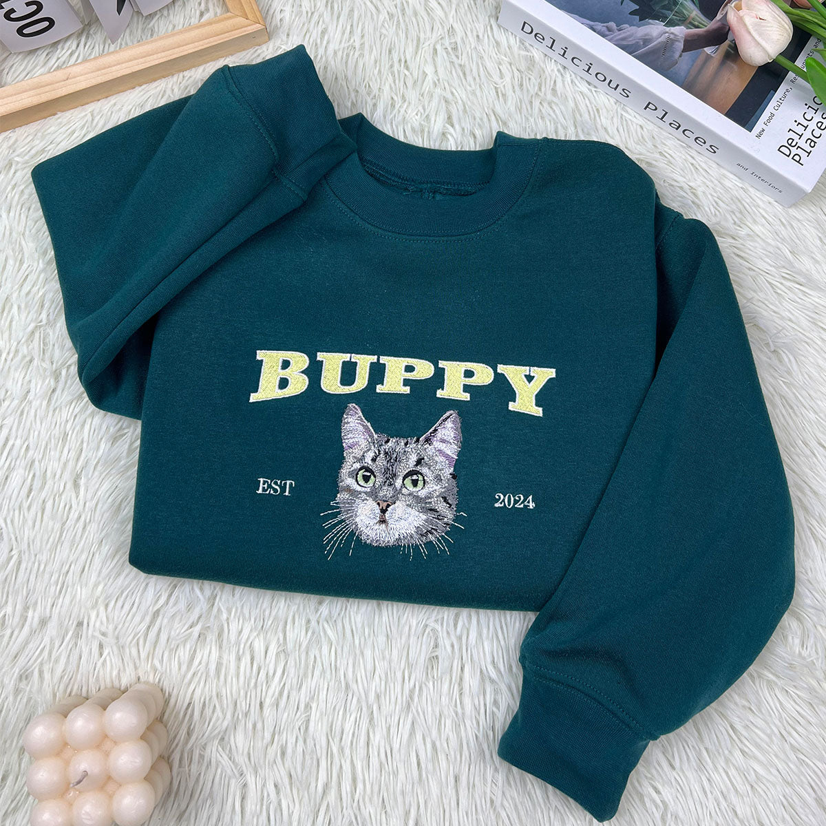 Custom embroidered sweatshirts featuring personalized pet designs with names Ben (Husky) and Buppy (Cat), perfect for 2024 gifts.