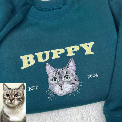 Custom embroidered sweatshirts featuring personalized pet designs with names Ben (Husky) and Buppy (Cat), perfect for 2024 gifts.