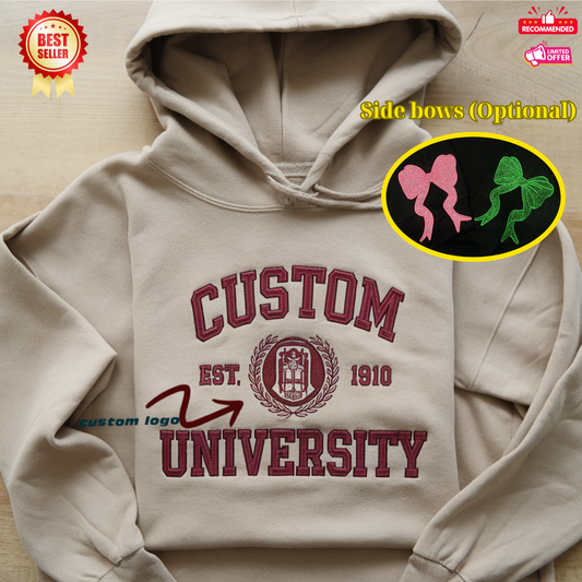 Custom embroidered university hoodie with personalized logo and name, EST year, and optional side bows in pink or green – ideal graduation gift.