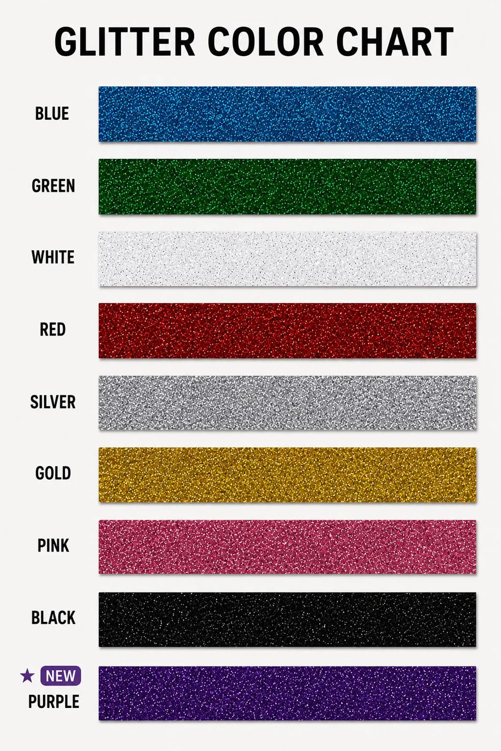 Glitter fabric color chart showing green, white, red, silver, gold, pink, black, and purple options