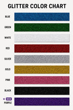 Glitter fabric color chart showing green, white, red, silver, gold, pink, black, and purple options