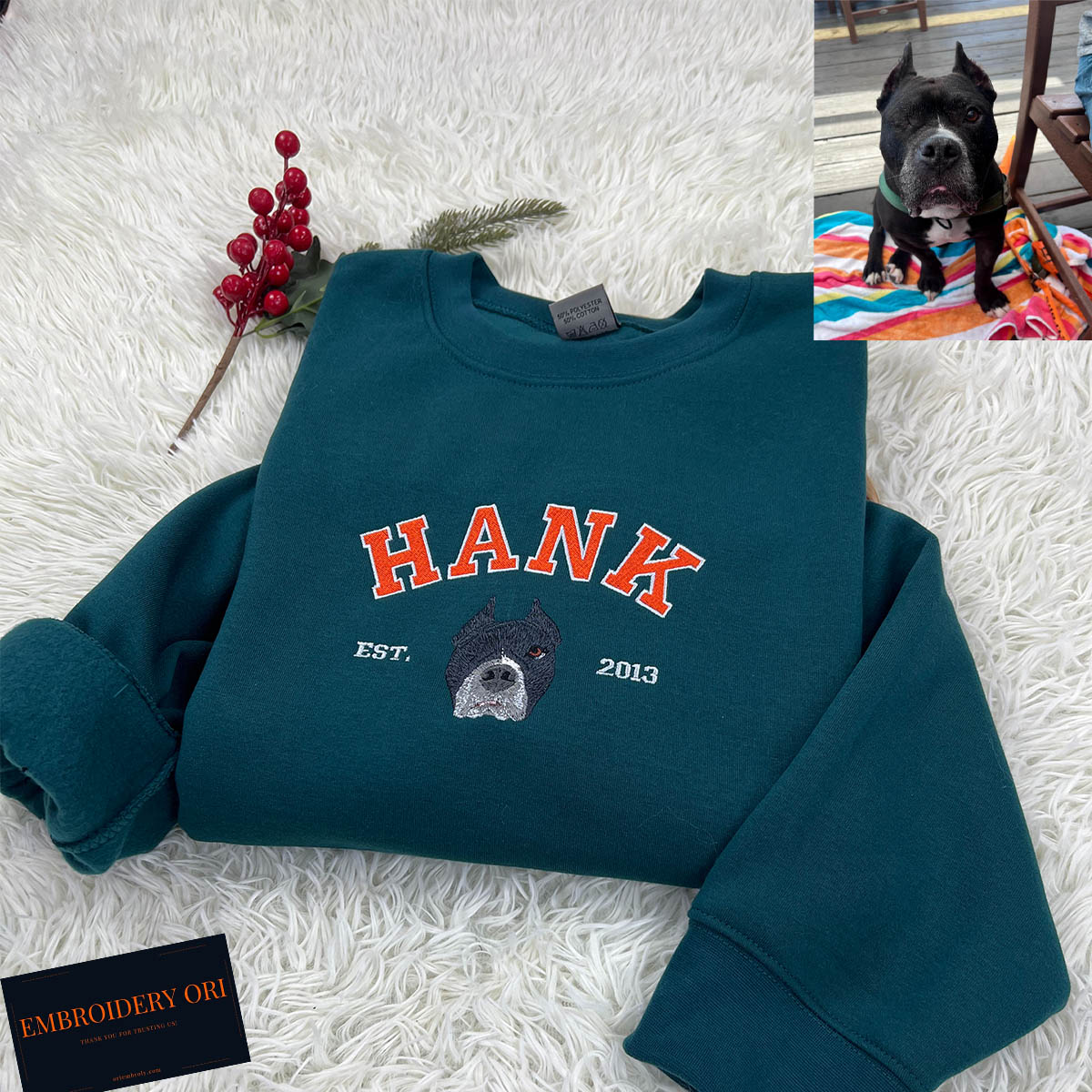 Personalized pet name sweatshirt with custom handwriting embroidery