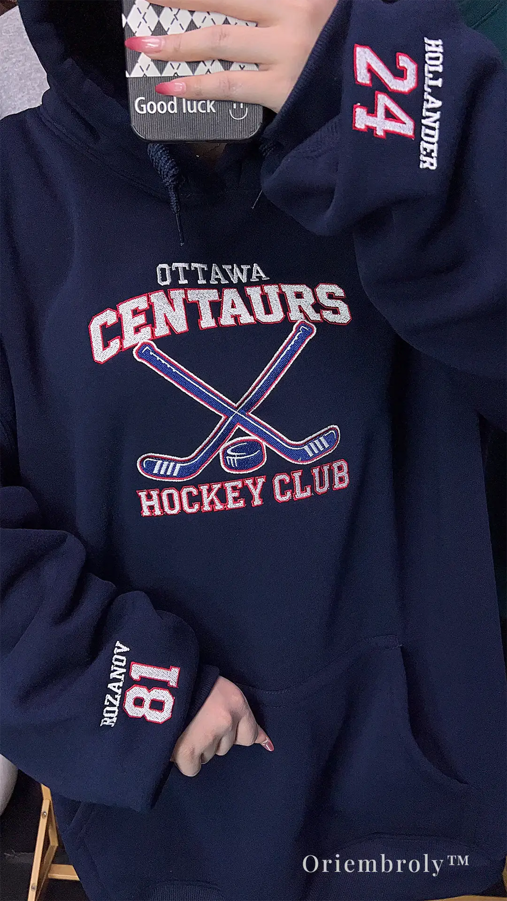 custom hockey hoodie with name and number sleeve detail