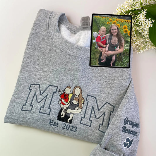 Custom Mama Photo Embroidered Sweatshirt – Mama & Kids Portrait Shirt