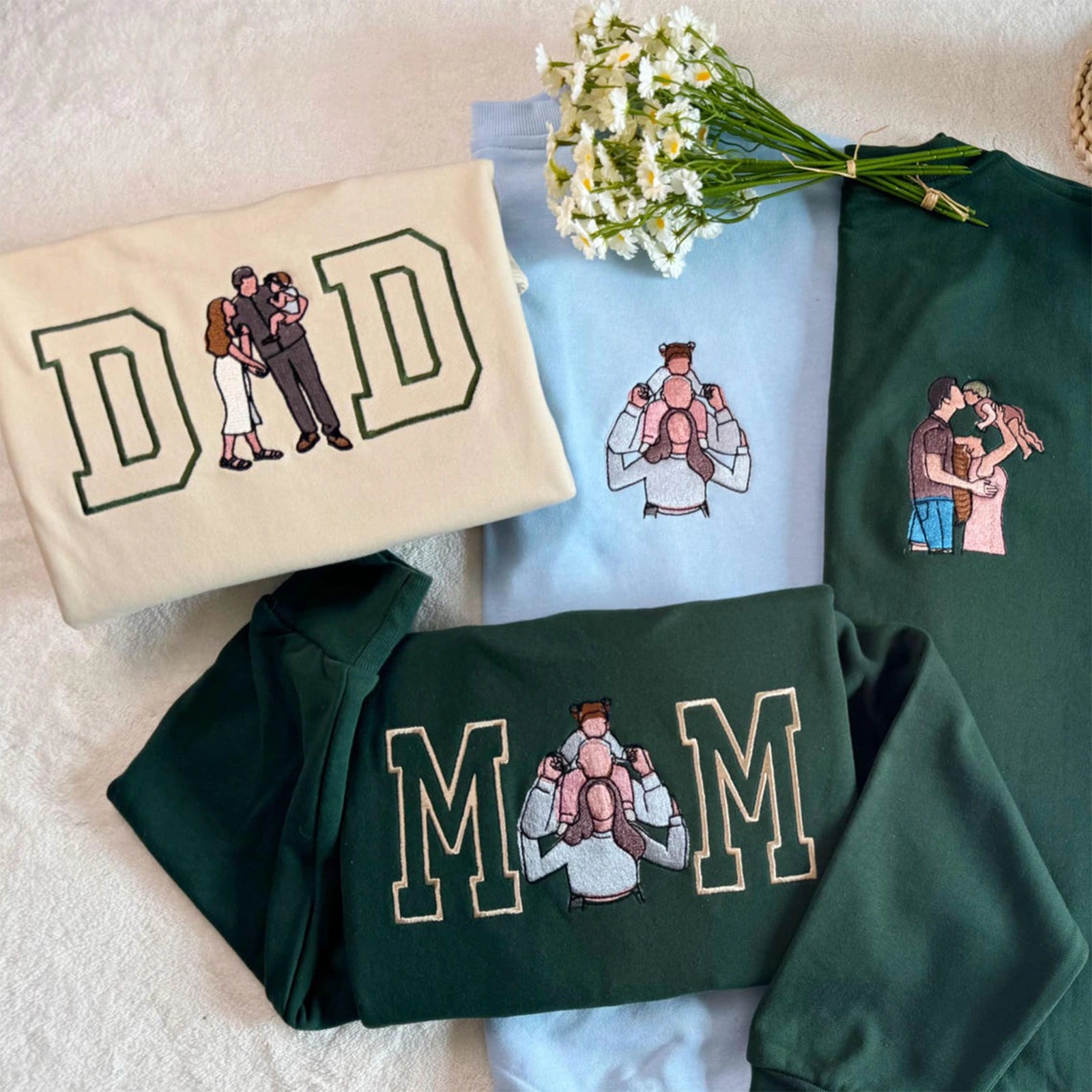 Custom embroidered sweatshirt with mom and dad photo — perfect Mother’s Day gift