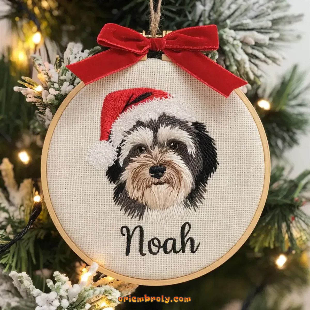 Custom embroidered ornament featuring a beloved dog