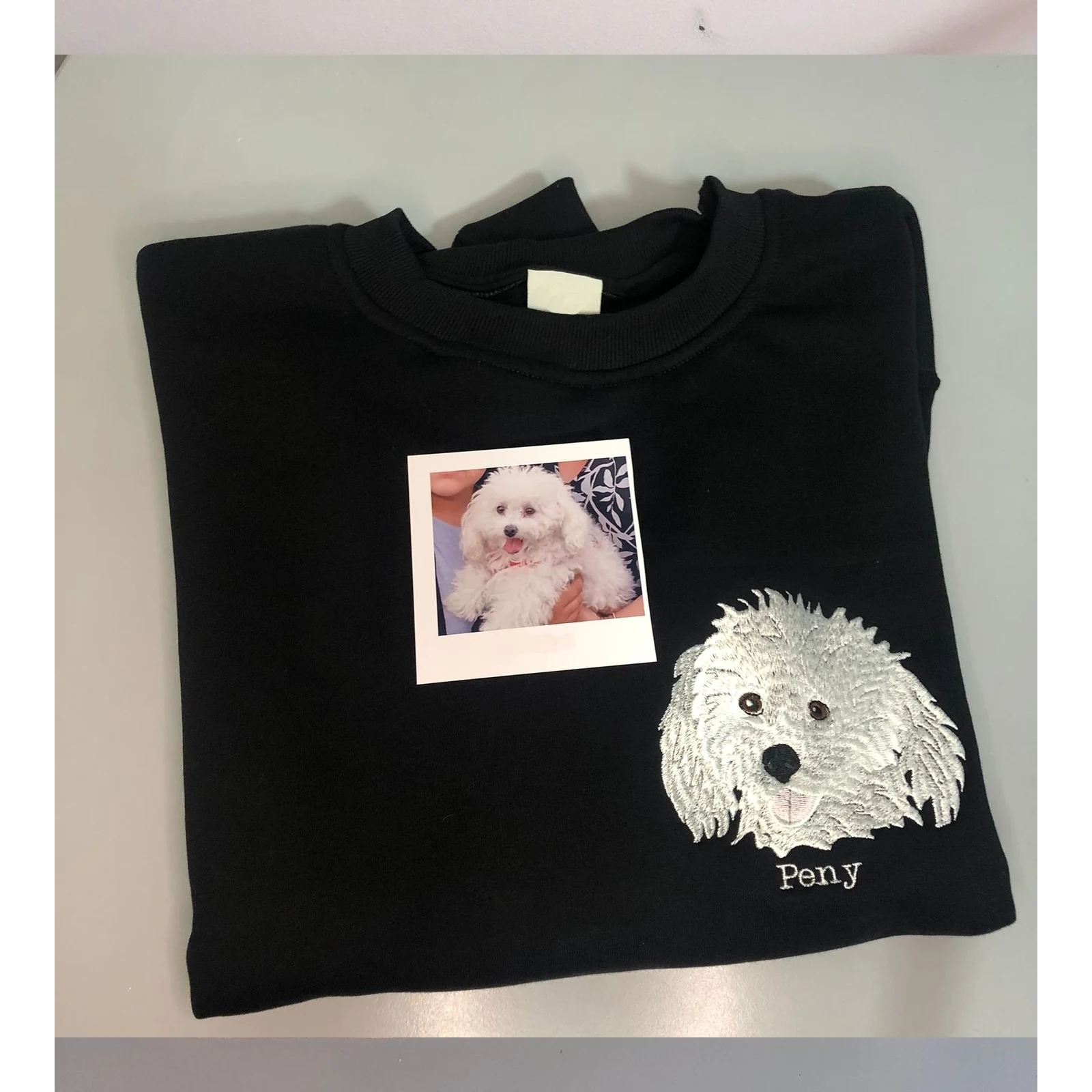 Custom pet embroidered sweatshirt with personalized dog and cat portrait