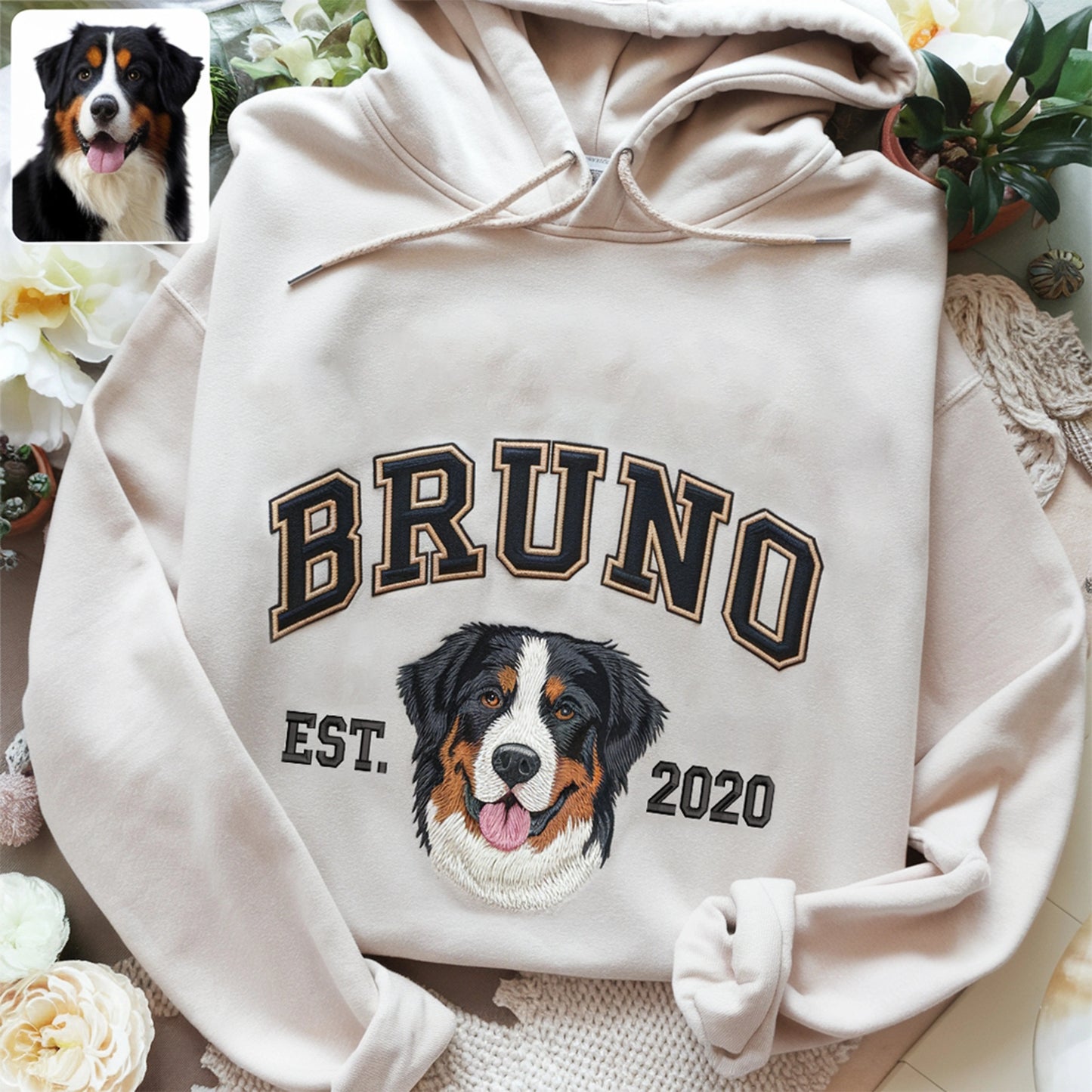 Custom embroidered sweatshirt featuring a personalized pet face and name, perfect gift for pet lovers.