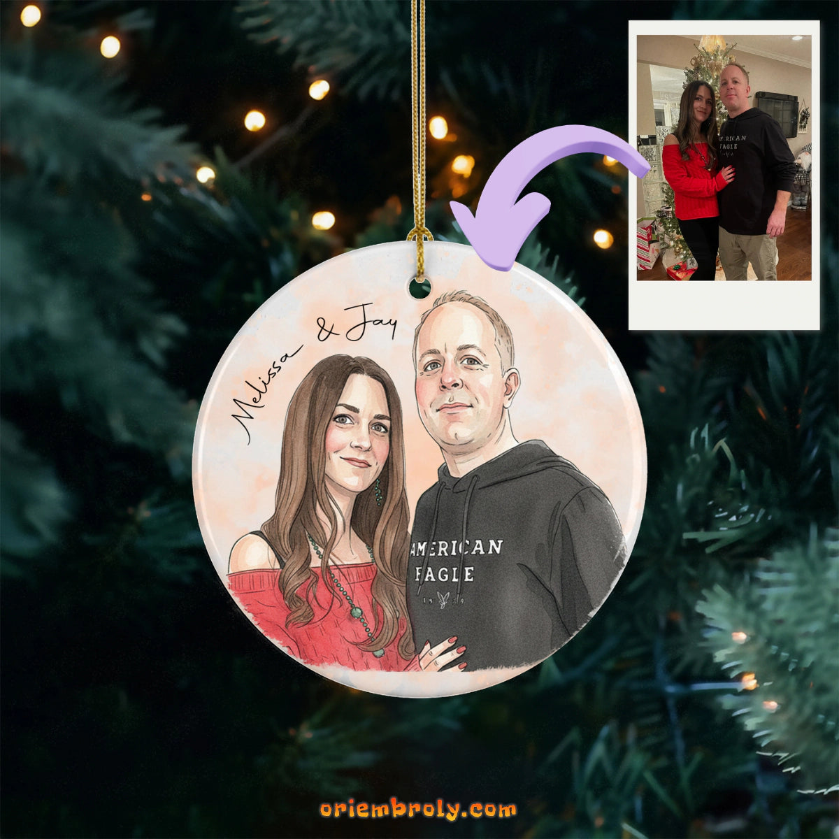 Personalized photo ornament in watercolor style