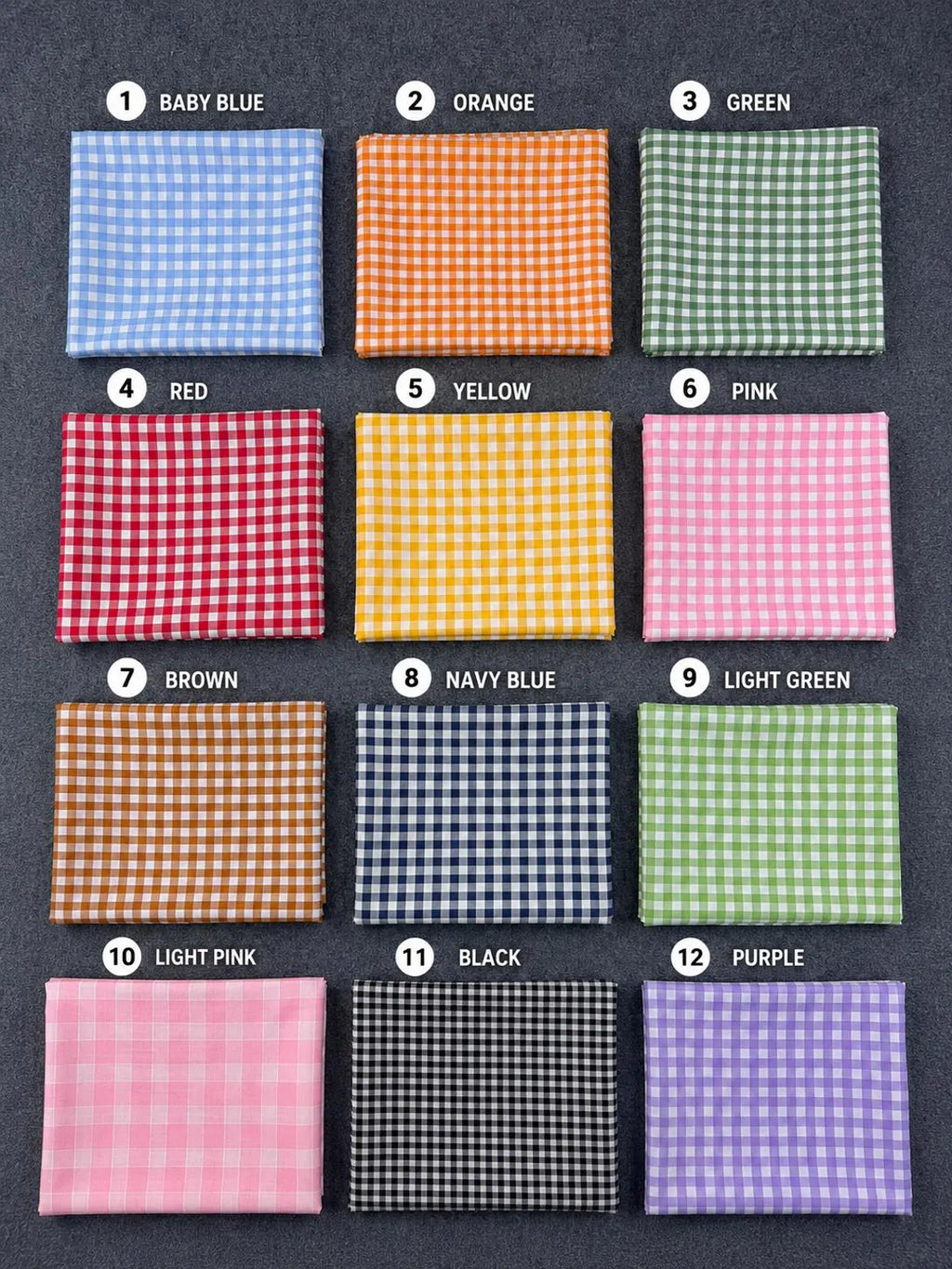 Plaid and gingham pattern fabric color chart for custom embroidered applique letters