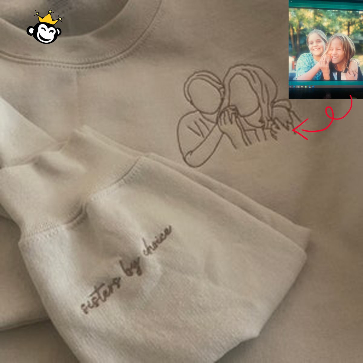 Custom embroidered portrait sweatshirt with outline design from photo, perfect personalized gift.