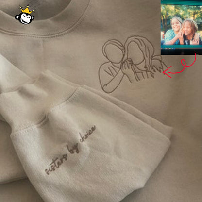 Custom embroidered portrait sweatshirt with outline design from photo, perfect personalized gift.