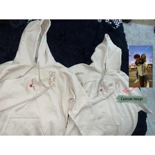 Custom portrait sweatshirt with embroidered outline photo, perfect for couples and wedding gifts.