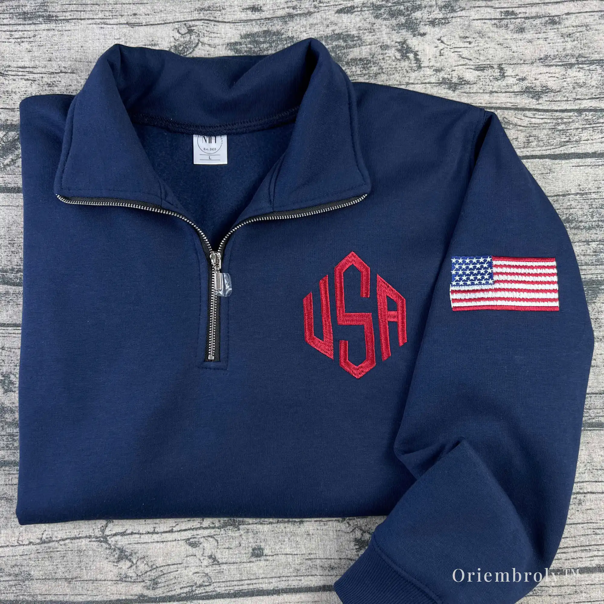 custom embroidered quarter zip sweatshirt with 3 letter chest design
