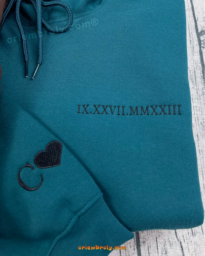 Custom Embroidered Roman Numeral Hoodie, Personalized Couples Gifts