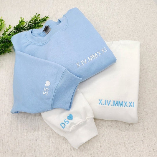 Roman numeral date embroidery on personalized crewneck