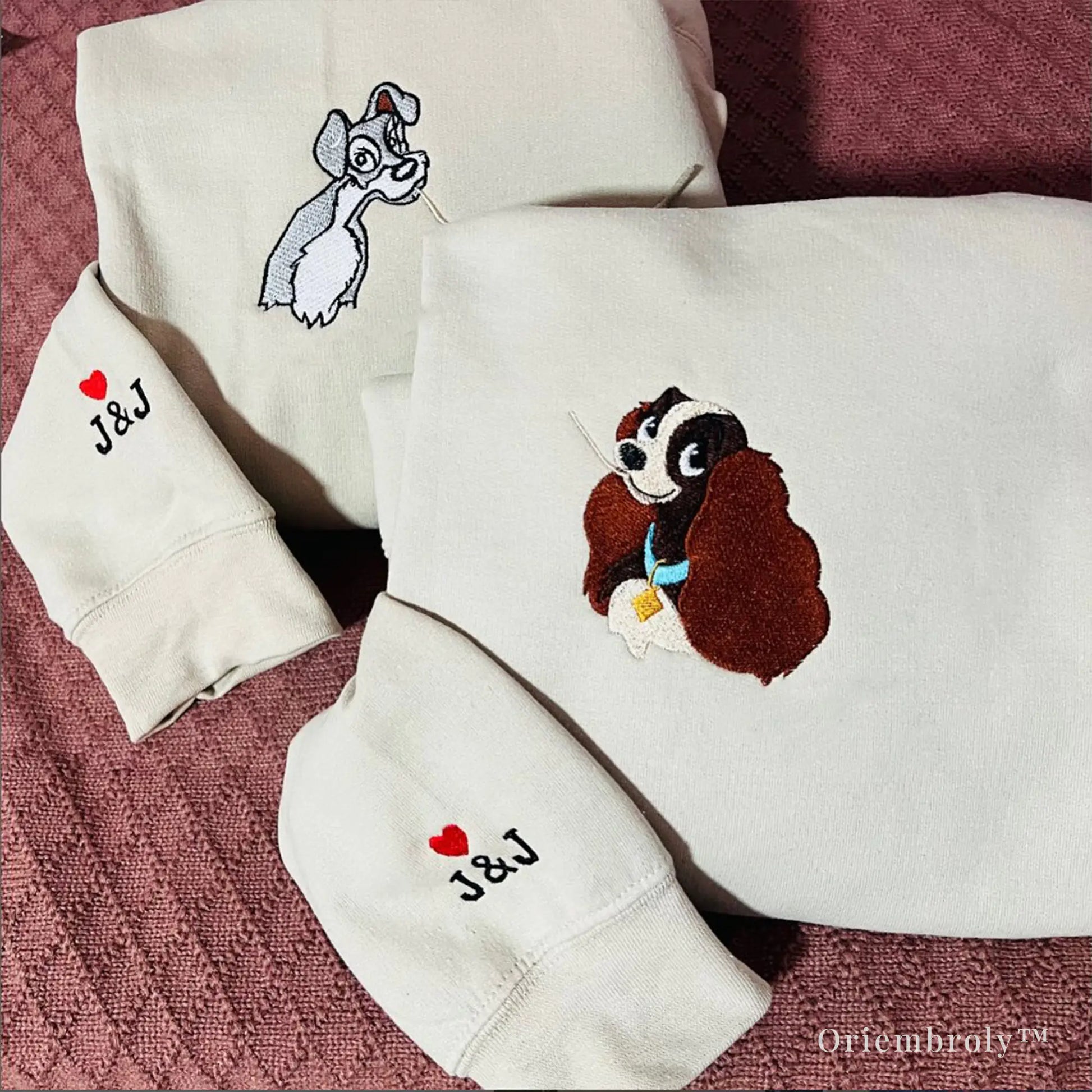 custom embroidered couple sweatshirt set with romantic dog design