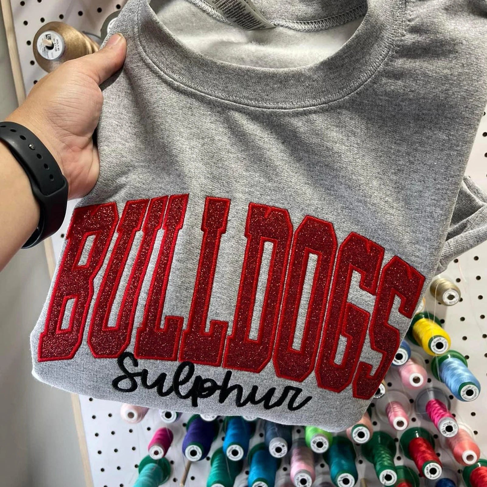 Front view of the Custom School Mascot Glitter Applique Sweatshirt