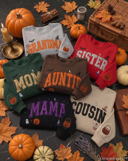 Custom Halloween family sweatshirts featuring sequin varsity letters for Grandma, Sister, Mom, Auntie, Mama, and Cousin with pumpkin and ghost graphics.