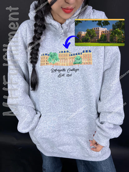 Close-up of custom embroidery featuring campus building and school name