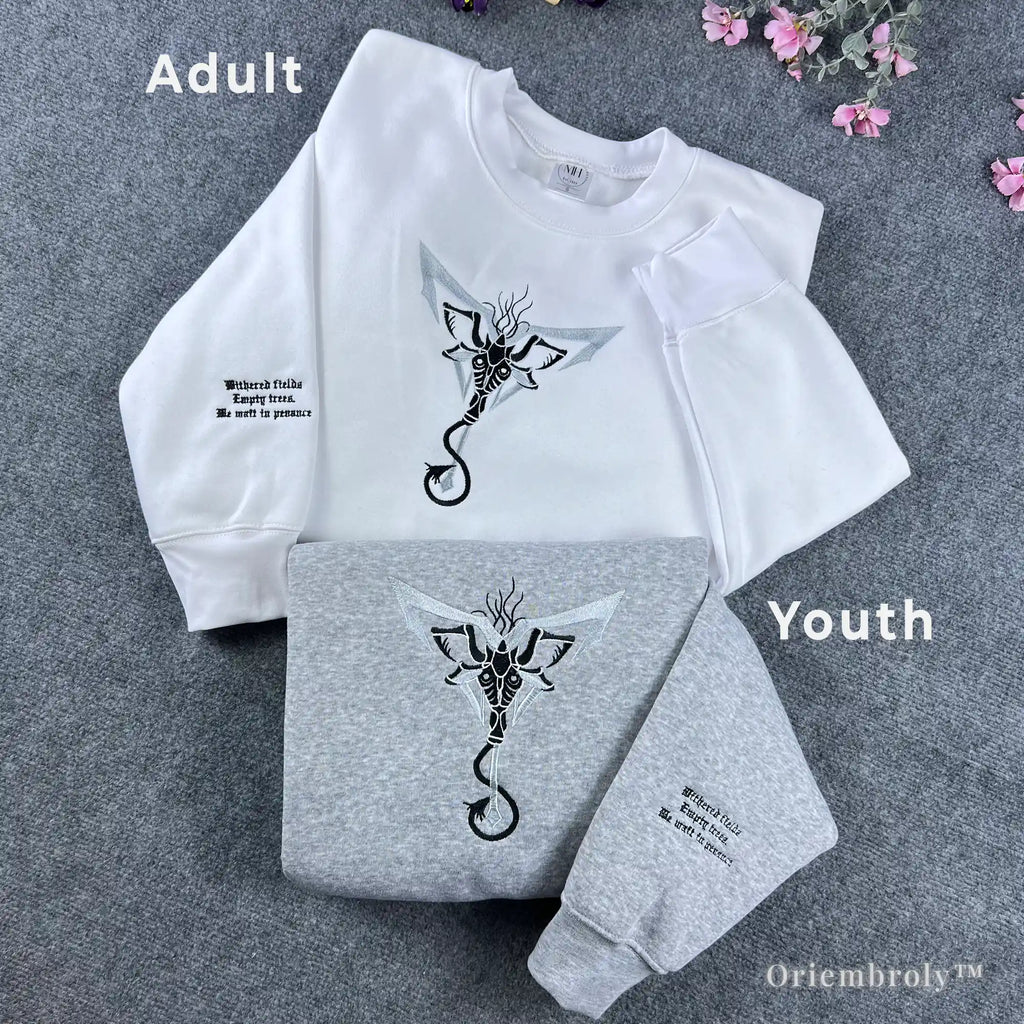 white and sport grey crewneck sweatshirt dark aesthetic embroidery