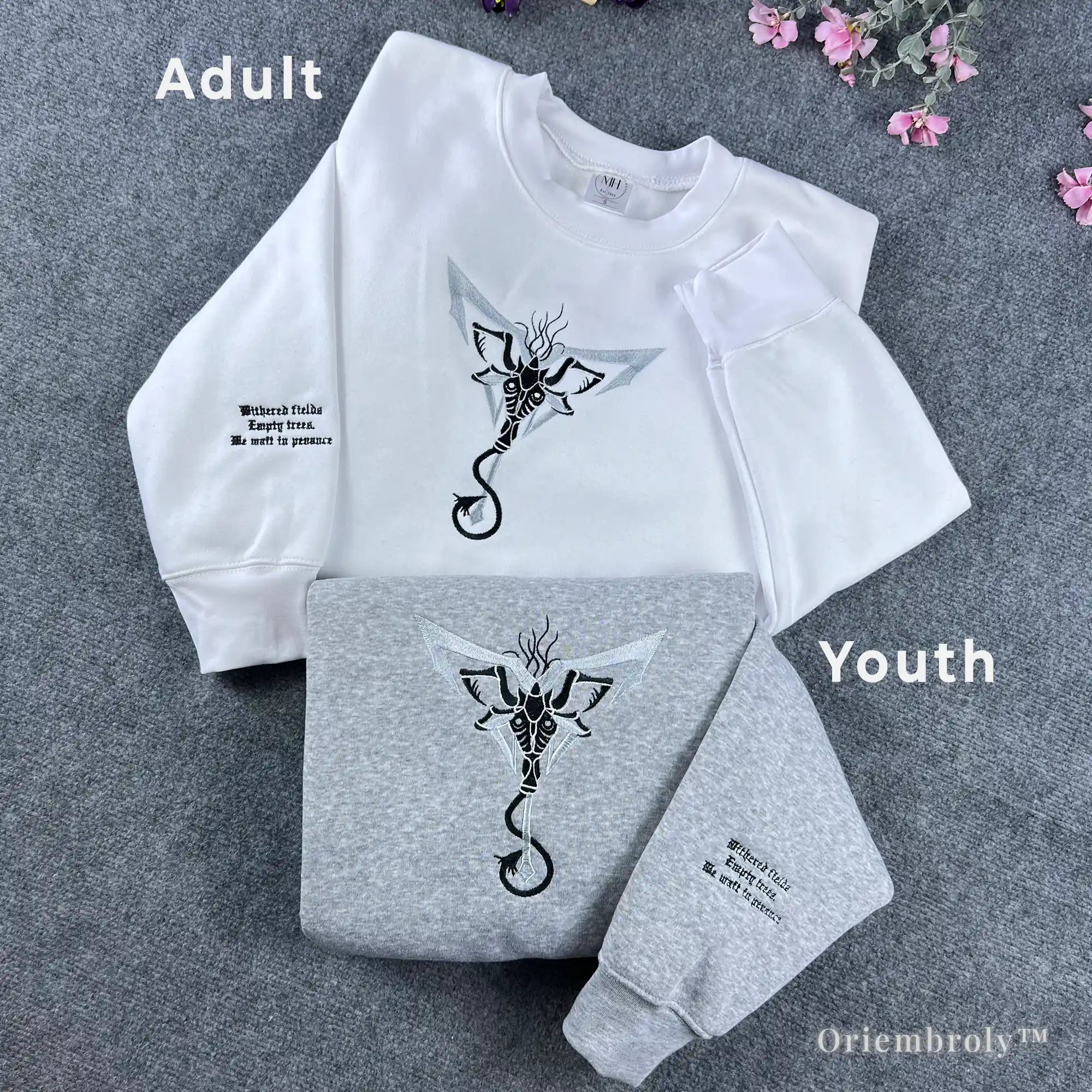 white and sport grey crewneck sweatshirt dark aesthetic embroidery