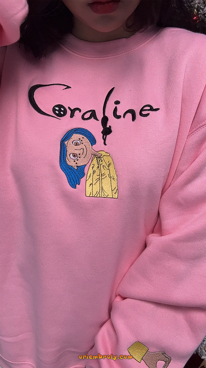Spooky embroidered shirt with Coraline characters