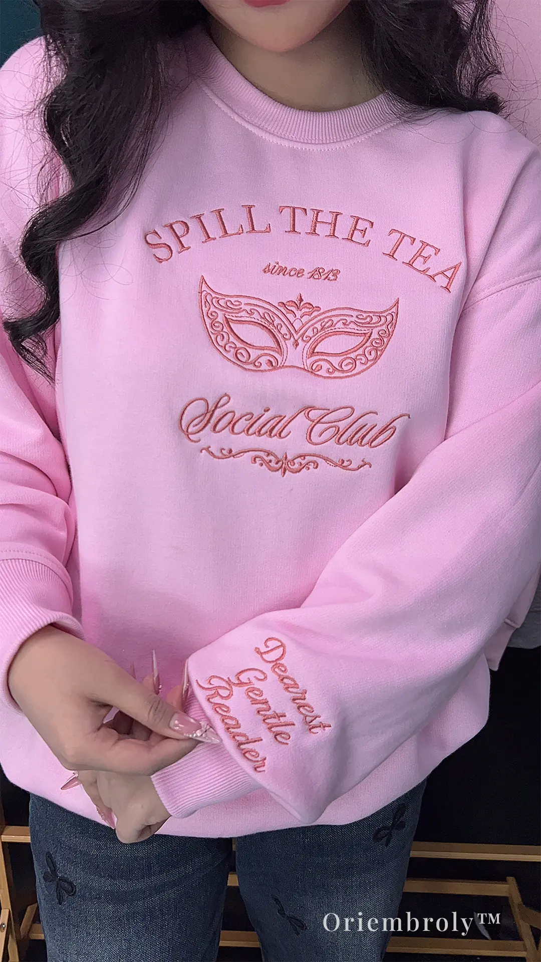 Dearest Gentle Reader sleeve embroidery on premium sweatshirt