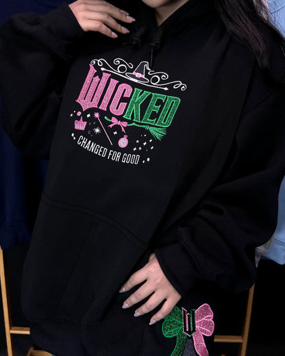 Defy Gravity Wicked embroidered sweatshirt hoodie, inspired by Wizard of Oz. Unique fan gift sweater for musical lovers and theater fans.

