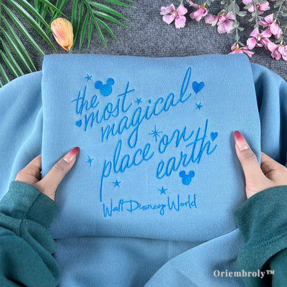 Perfect Disney vacation outfit idea: The Most Magical Place on Earth blue pullover sweatshirt.