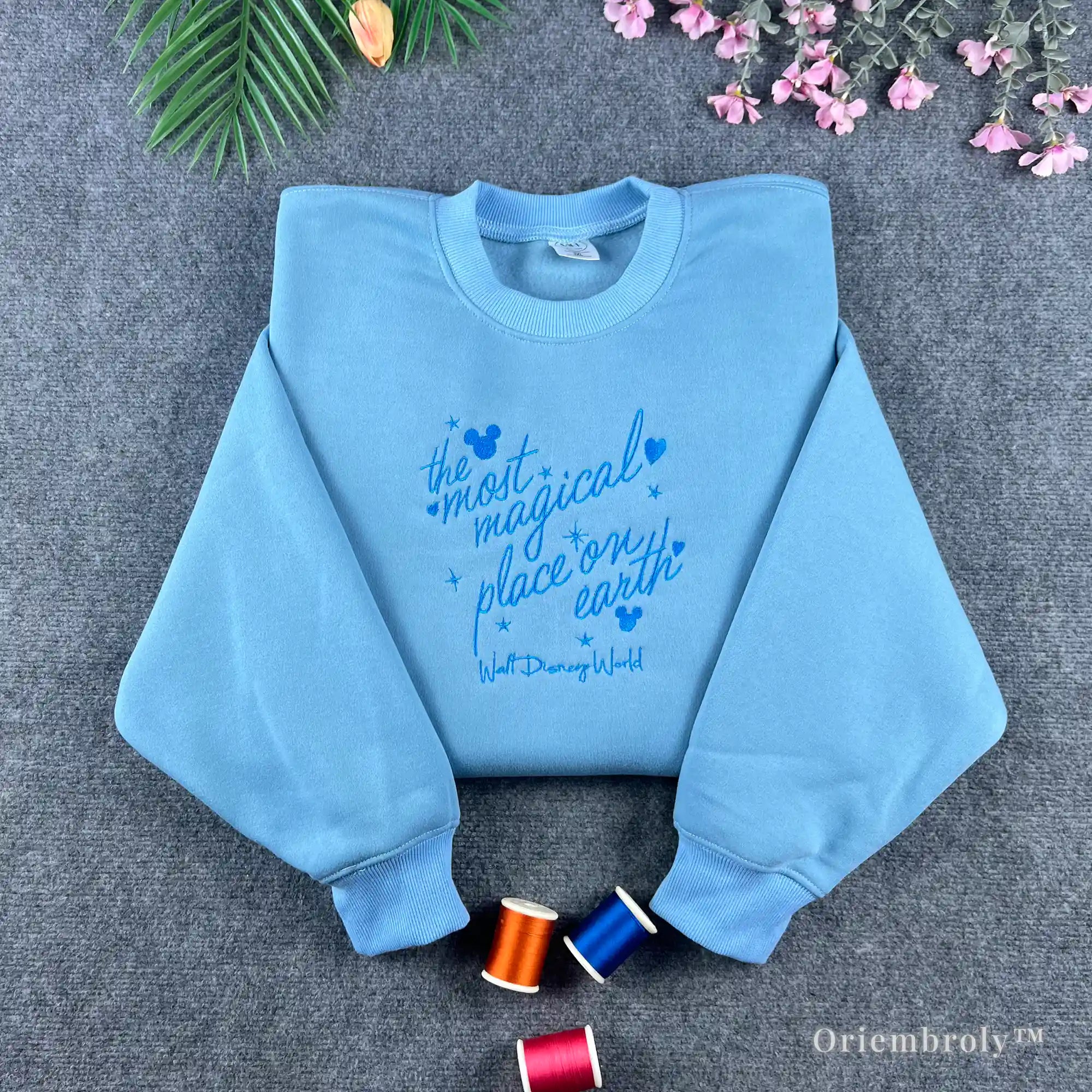 Blue Disney World Most Magical Place on Earth embroidered sweatshirt for women and men.